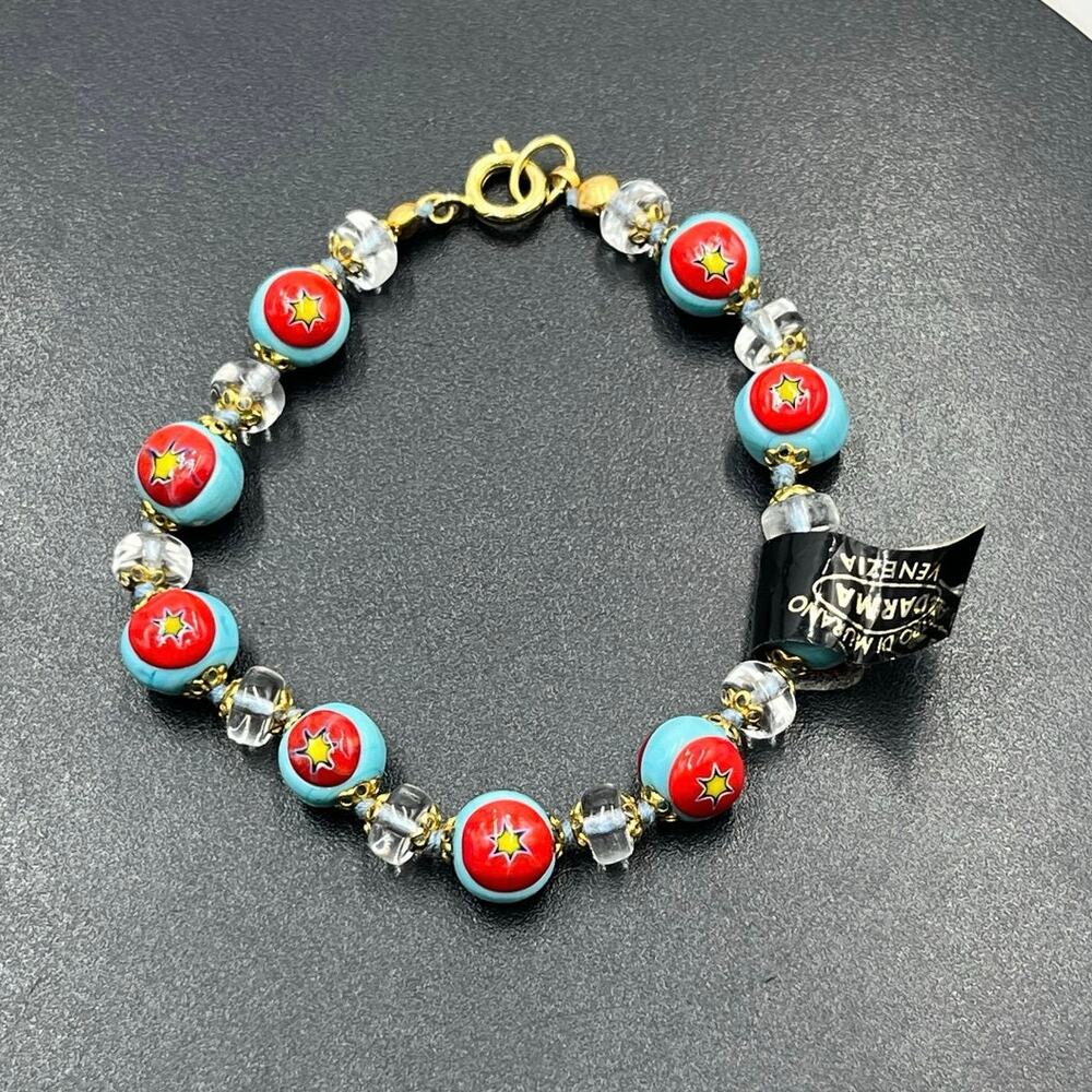 Darma Veiro Murano Venezia Italian 
Blue Red Glass Yellow Star‎ Bracelet New